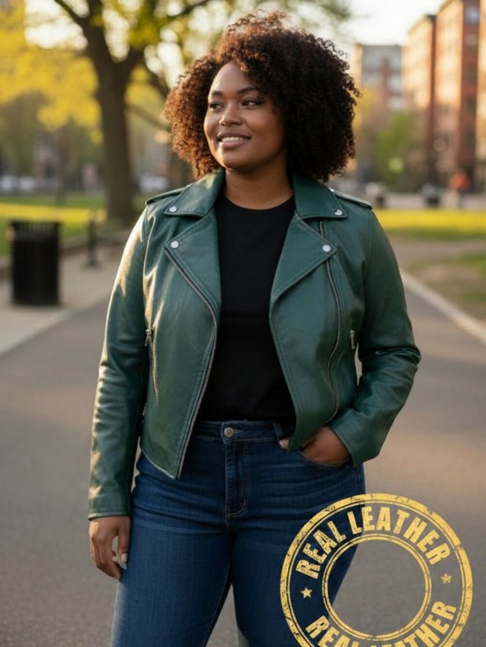 DECRUM - Women’s Green Leather Biker Style Jacket - XL